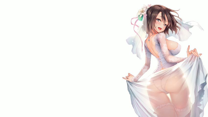 ass breasts brown_hair flowers green_eyes headdress michiking necklace original panties ribbons see_through short_hair stockings thighhighs underwear wedding_attire white