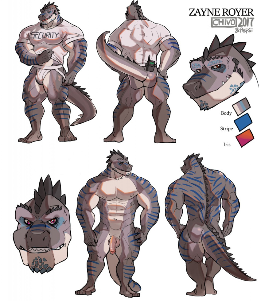 2017 5_toes abs anthro back_muscles balls barefoot biceps big_muscles biped blue_scales blue_stripes blue_tail bottomless carcharodontosaurus character_name clothed clothing color_swatch digital_media_(artwork) dinosaur feet flaccid grey_scales grey_tail grin hand_on_hip hi_res humanoid_feet humanoid_penis jockstrap kalchivo looking_at_viewer male model_sheet multicolored_scales multicolored_tail muscular muscular_male navel nude pecs penis pepsi_(fa) plantigrade purple_eyes quads scales scalie security shirt simple_background smile solo standing striped_scales striped_tail stripes t-shirt teeth toes uncut underwear vein veiny_penis walkie_talkie white_background white_bottomwear white_clothing white_scales white_shirt white_tail white_topwear white_underwear zayne_royer