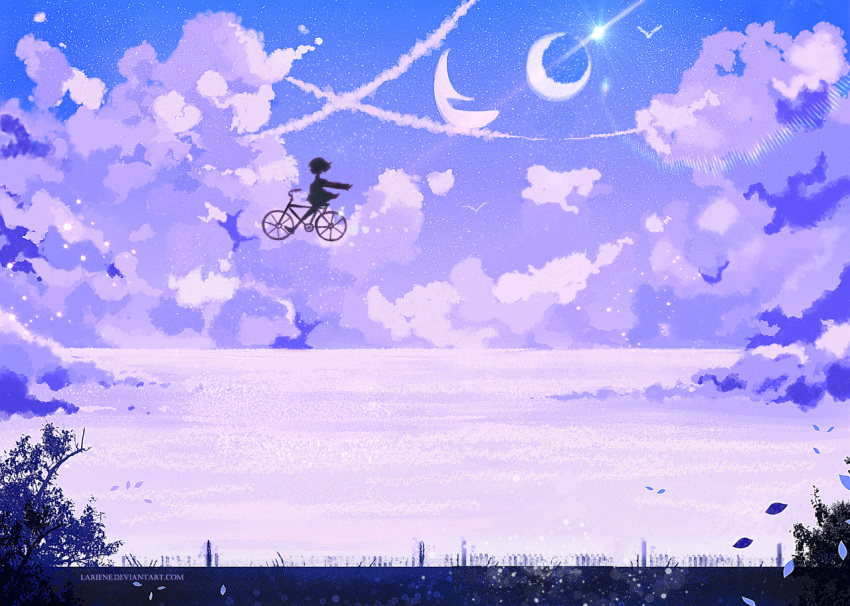 bicycle bird blue cloud cloudy_sky commentary crescent_moon flying ground_vehicle larienne monochrome moon night night_sky original outdoors purple riding scenery silhouette sky star_(sky) starry_moon starry_sky