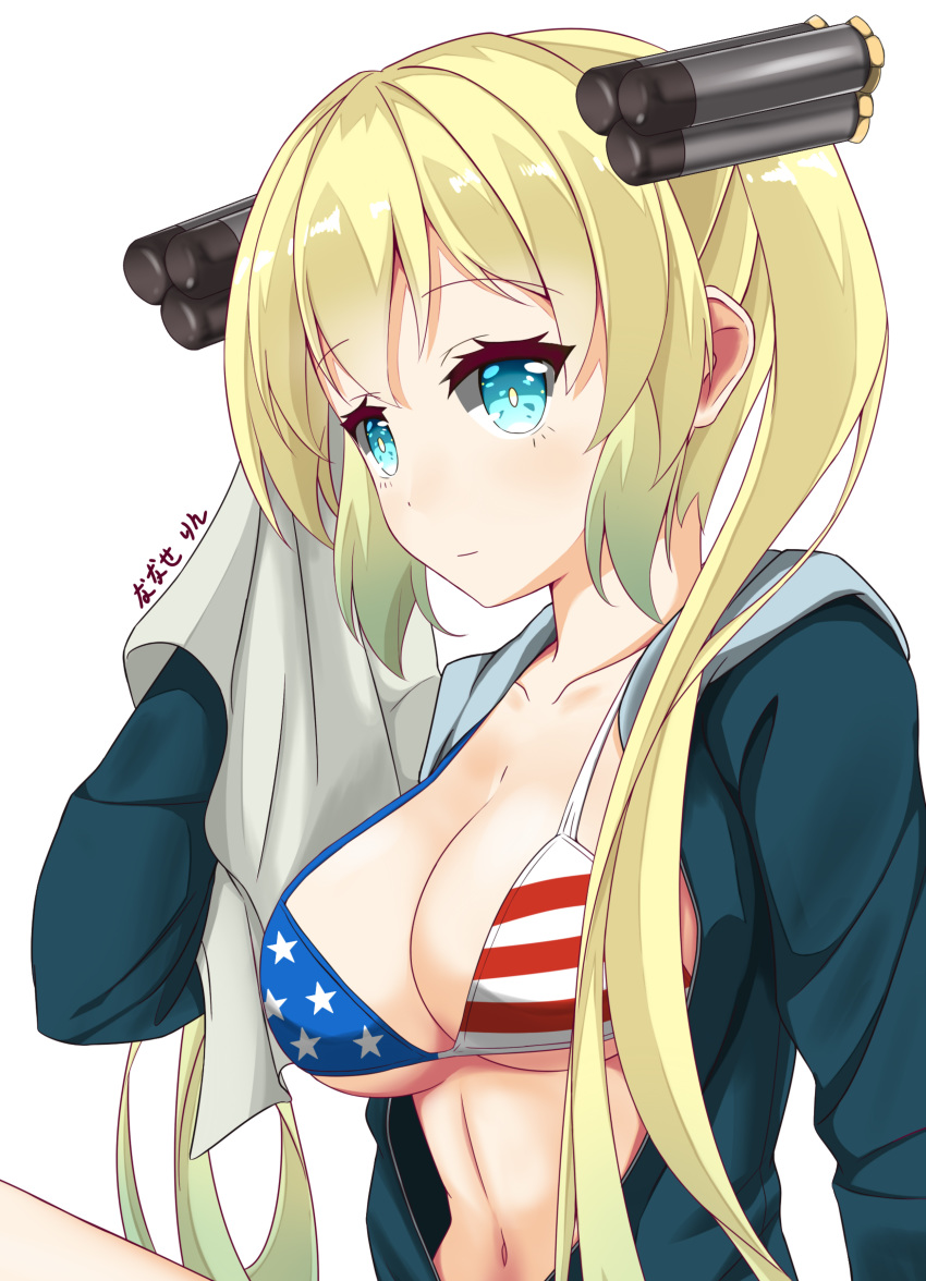 absurdres albacore_(zhan_jian_shao_nyu) american_flag_bikini bikini blonde_hair blue_eyes breasts closed_mouth collarbone eyebrows_visible_through_hair flag_print gradient_hair green_hair headgear highres hood hoodie large_breasts long_hair looking_at_viewer multicolored_hair nanase_rin_(8021582) navel open_clothes open_hoodie simple_background solo swimsuit towel twintails very_long_hair white_background zhan_jian_shao_nyu