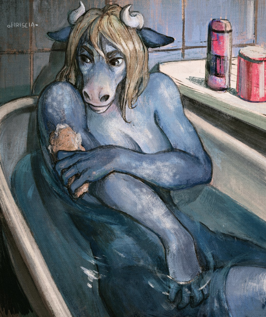 anthro bath bathing bathtub blue_fur bovine breasts cattle convenient_censorship female fur grey_eyes horn hriscia mammal nude solo sponge tasteful_nudity traditional_media_(artwork)