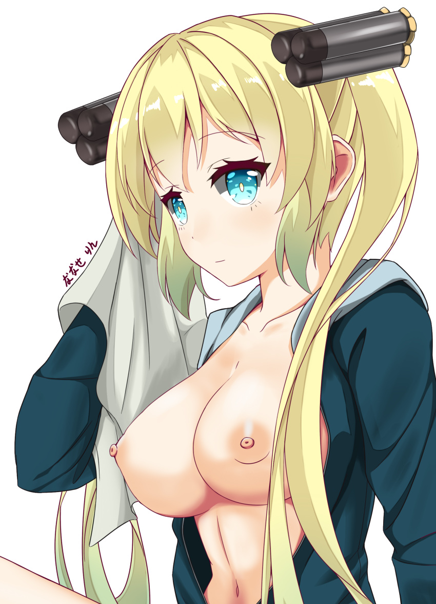 absurdres albacore_(zhan_jian_shao_nyu) blonde_hair blue_eyes breasts closed_mouth collarbone eyebrows_visible_through_hair gradient_hair green_hair headgear highres hood hoodie large_breasts long_hair looking_at_viewer multicolored_hair naked_hoodie nanase_rin_(8021582) navel nipples open_clothes open_hoodie simple_background solo towel twintails very_long_hair white_background zhan_jian_shao_nyu