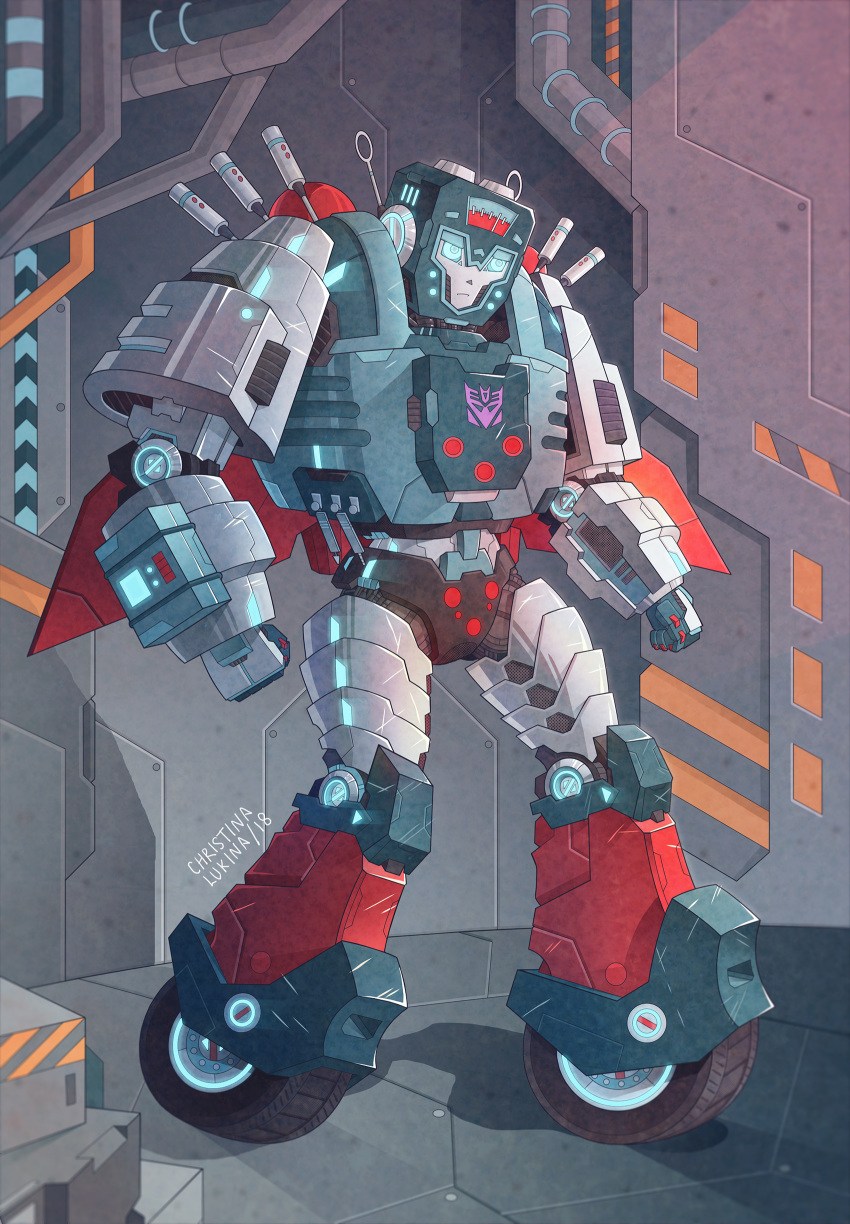 2018 alien blue_eyes chris-myrobota cybertronian decepticon detailed detailed_background digital_media_(artwork) eyebrows female frown hi_res humanoid living_machine machine nickel_(transformer) not_furry outside robot simple_background solo standing thick_eyebrows transformers wheels