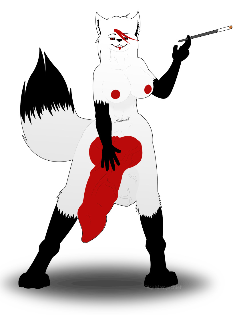 2018 absurd_res animal_genitalia animal_penis anthro balls big_balls black_fur black_sclera breasts canine canine_penis cigarette cigarette_holder digital_media_(artwork) erection fox fur hair hi_res huge_balls hyper hyper_balls hyper_penis mammal navel navel_piercing nipples penis piercing red_eyes red_hair red_nipples red_penis smile smoking solo tongue white_hair xanyog xeiyros