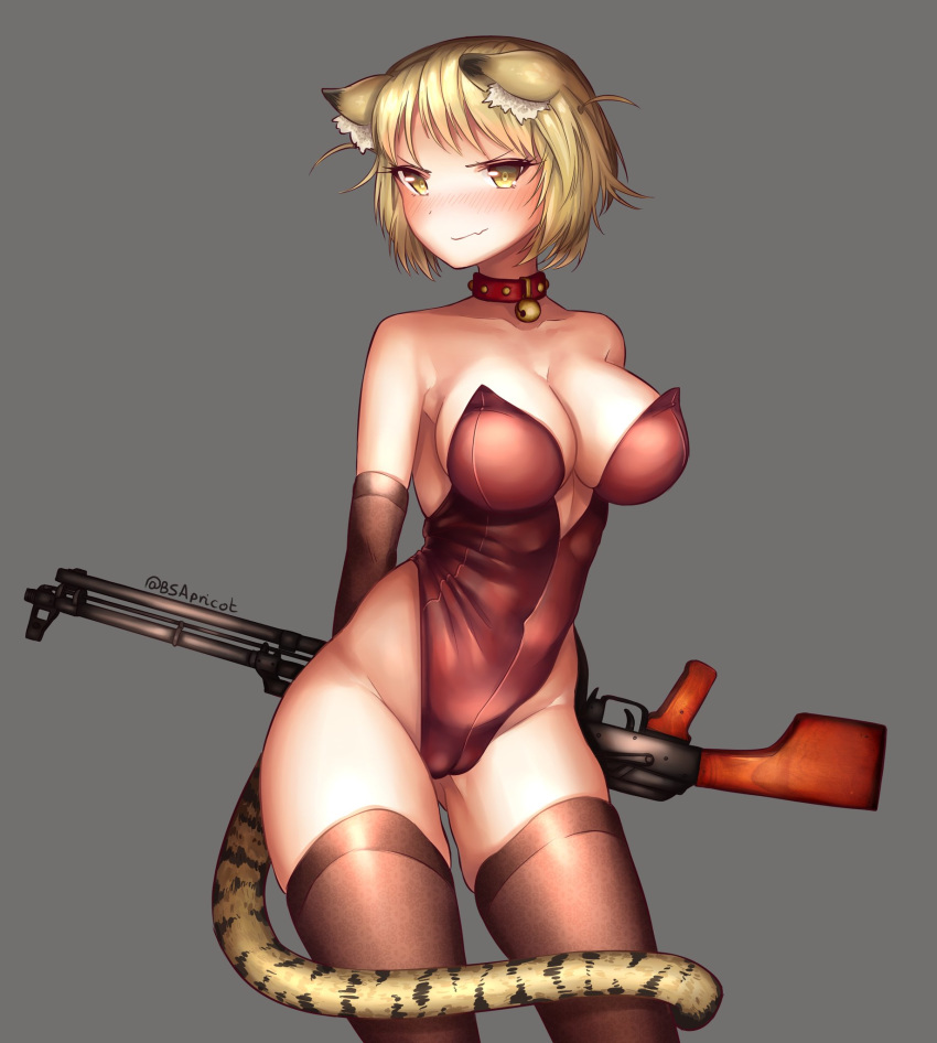 animal_ears bell bell_collar blonde_hair cameltoe cat_ears choker collar danielle_brindle fang highres image_sample leotard light_machine_gun playboy_bunny_leotard rpk rpk_(upotte!!) tail thighhighs tiger_tail twitter_sample twitter_username upotte!! yellow_eyes