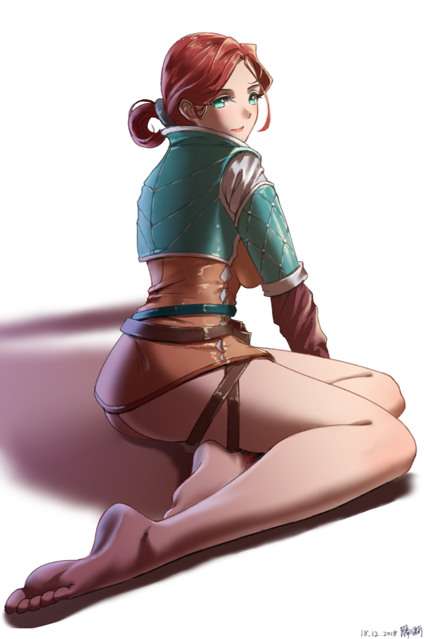 1girl ass barefoot feet green_eyes long_hair looking_at_viewer red_hair soles the_witcher toes triss_merigold