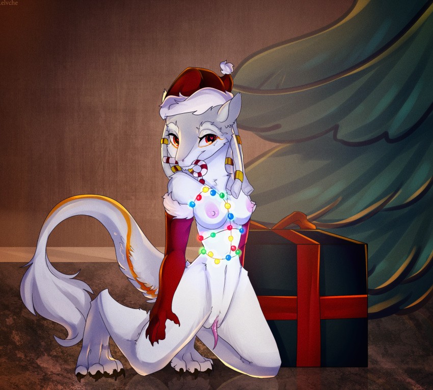 anthro belly big_clitoris breasts candy christmas clitoral_hood clitoris clothing elvche female food gift gloves hat holidays long_tail nipples paws prehensile_clitoral_hood pussy santa_hat sergal