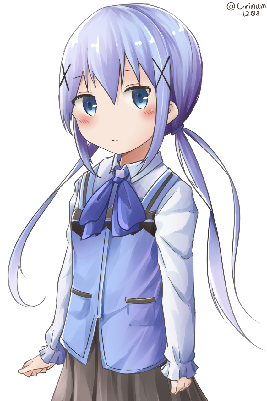 absurdres alternate_hairstyle arms_at_sides bangs black_skirt blue_eyes blue_hair blue_vest blush closed_mouth commentary dated eyebrows_visible_through_hair gochuumon_wa_usagi_desu_ka? hair_between_eyes hair_ornament hamayuu_(litore) highres kafuu_chino long_hair long_sleeves looking_at_viewer low_twintails rabbit_house_uniform shirt sidelocks simple_background skirt solo twintails twitter_username uniform very_long_hair vest white_background white_shirt x_hair_ornament