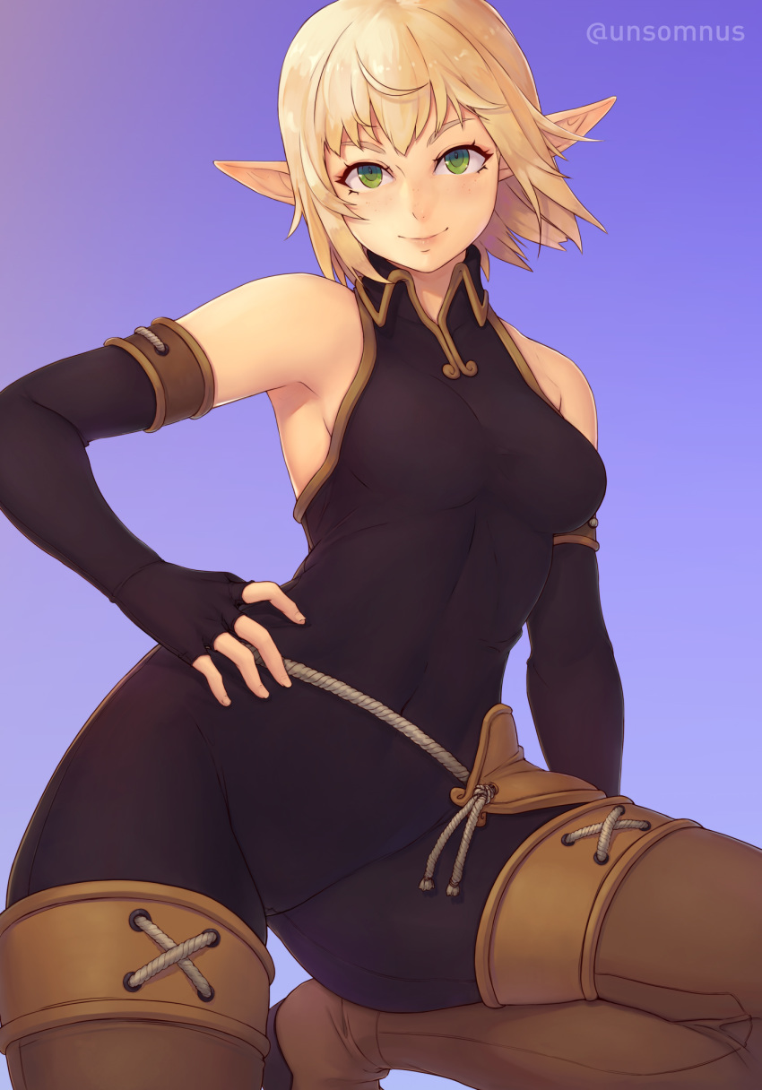 armpits bangs bare_shoulders black_eyes blonde_hair boots breasts brown_legwear covered_navel cra elbow_gloves elf evangelyne fingerless_gloves freckles gloves green_eyes hand_on_hip highres lips looking_at_viewer medium_breasts pointy_ears short_hair skin_tight smile solo thigh_boots thighhighs unsomnus wakfu