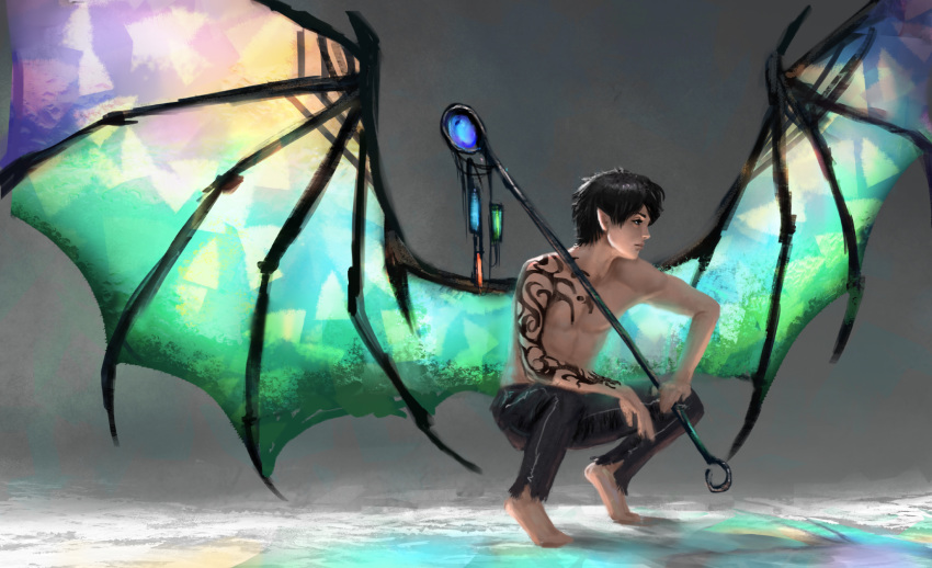 2018 barefoot black_hair clothed clothing elf hair holding_object humanoid jademere membranous_wings simple_background staff topless wings