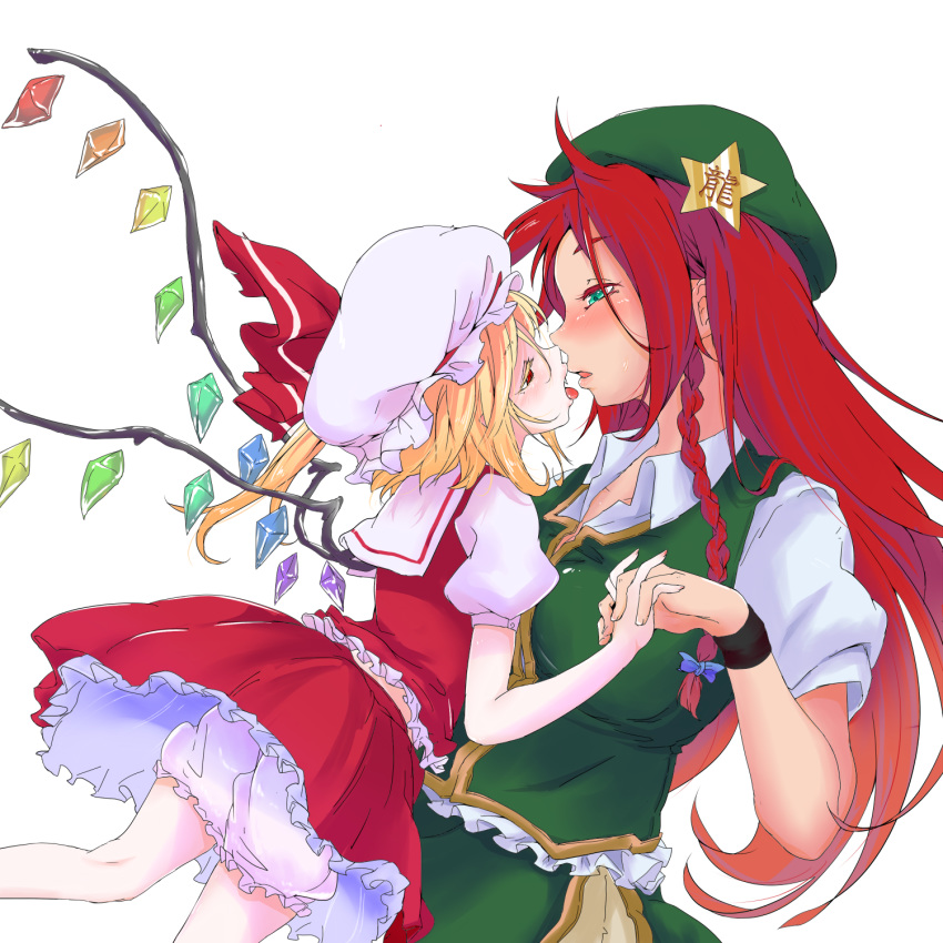 bacho blonde_hair bloomers blue_bow blush bow braid colored_eyelashes commentary_request fan flandre_scarlet gradient_hair green_eyes green_hat hair_bow half-closed_eyes hat hat_ribbon highres holding_hands hong_meiling interlocked_fingers multicolored_hair multiple_girls orange_hair red_eyes red_ribbon red_skirt ribbon simple_background skirt skirt_set star tongue tongue_out touhou underwear vest white_background white_hat wings wristband yuri