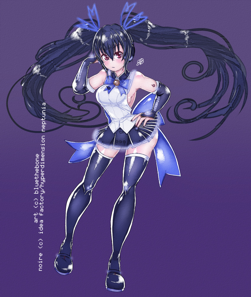 bare_shoulders black_hair bluethebone breasts cosplay detached_sleeves hair_ornament hatsune_miku hatsune_miku_(cosplay) highres long_hair medium_breasts necktie neptune_(series) noire red_eyes ribbon sideboob solo twintails very_long_hair vocaloid