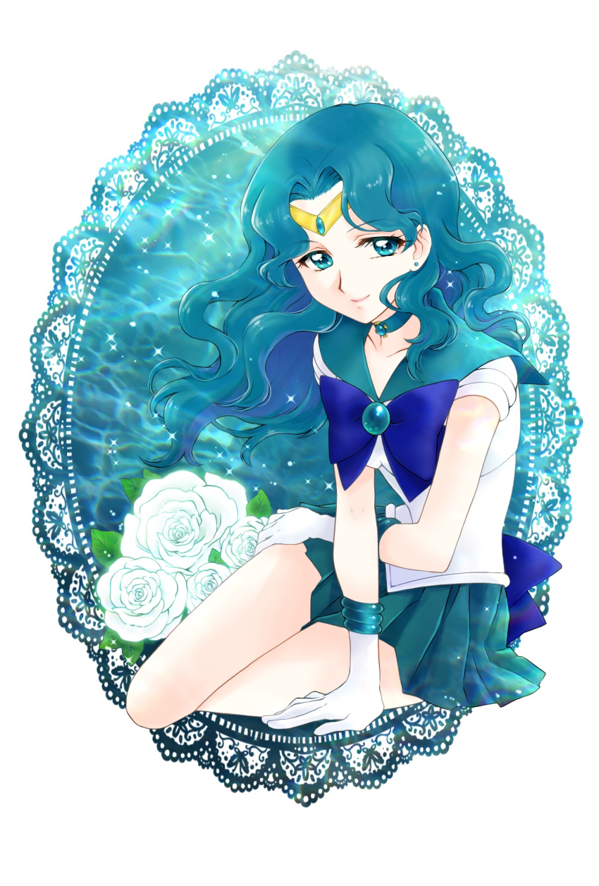 aizen_(syoshiyuki) aqua aqua_eyes aqua_hair aqua_skirt bishoujo_senshi_sailor_moon blue_background blue_bow bow brooch choker circlet closed_mouth collarbone earrings flower gloves highres jewelry kaiou_michiru lace long_hair looking_at_viewer pleated_skirt rose sailor_collar sailor_neptune sailor_senshi_uniform skirt smile solo water wavy_hair white_flower white_gloves white_rose