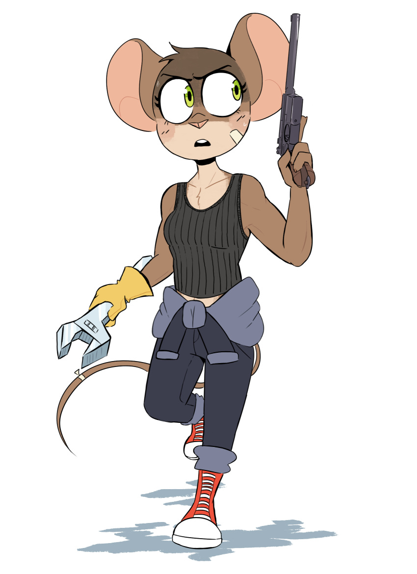 2018 4_fingers anthro bandage beezii big_ears big_eyes breasts brown_fur clothed clothing converse countershading digital_media_(artwork) female flat_colors footwear front_view fully_clothed fur gloves green_eyes gun handgun holding_object holding_weapon humanoid_hands jumpsuit looking_away maggie_(beezii) mammal mouse open_mouth ranged_weapon rodent running shirt shoes simple_background sneakers solo tank_top teeth tools toony trigger_discipline weapon white_background white_fur wrench