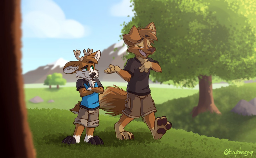 canine cervine darwin_(tinydeerguy) deer dog duo male mammal matt_riskely outside tinydeerguy tree walking