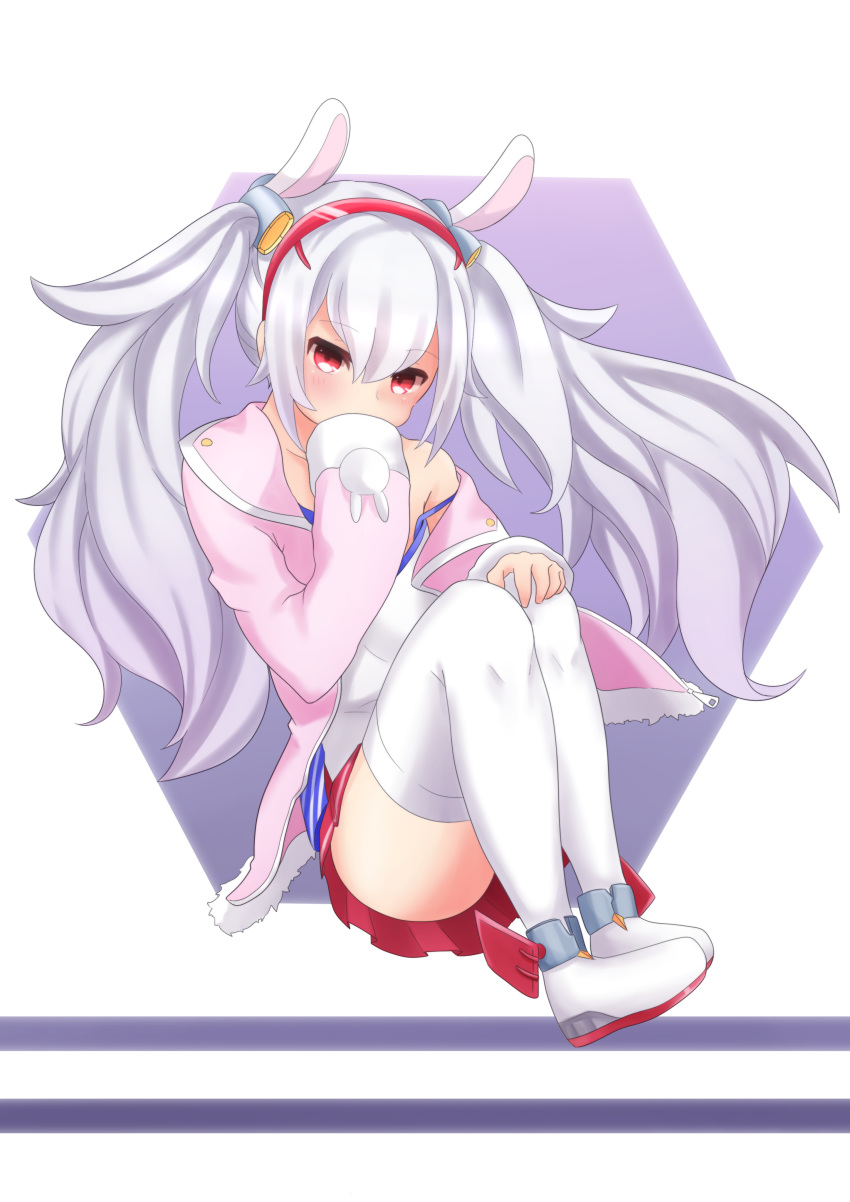 absurdres animal_ears azur_lane bangs bare_shoulders blush boots bunny_ears camisole collarbone commentary_request covered_mouth eyebrows_visible_through_hair hair_between_eyes hair_ornament hairband hand_on_own_knee highres jacket laffey_(azur_lane) long_hair long_sleeves off_shoulder pink_jacket pleated_skirt red_eyes red_hairband red_skirt sato_(r017xts117) sidelocks silver_hair sitting skirt sleeves_past_wrists solo strap_slip thigh_boots thighhighs twintails very_long_hair white_camisole white_footwear white_legwear
