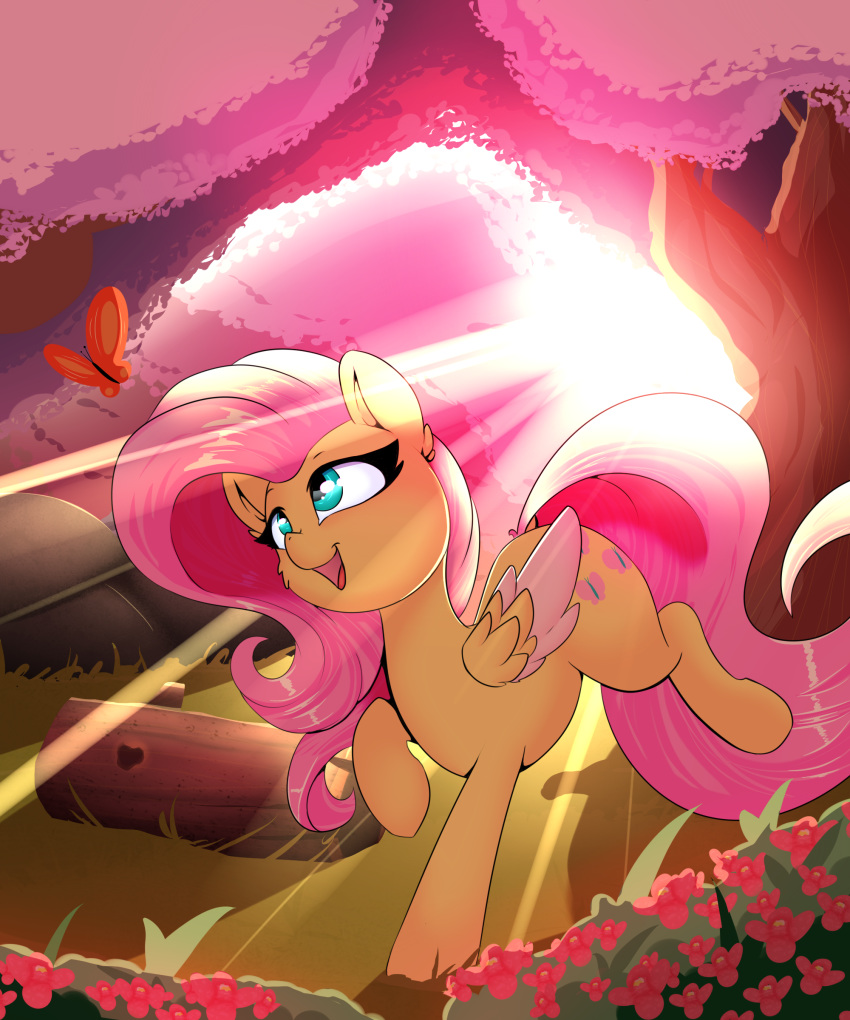 2018 absurd_res arthropod butterfly cutie_mark digital_media_(artwork) equine female feral flower fluttershy_(mlp) forest friendship_is_magic hair hi_res hooves insect log long_hair madacon mammal my_little_pony open_mouth outside pegasus pink_hair plant tree wings wood