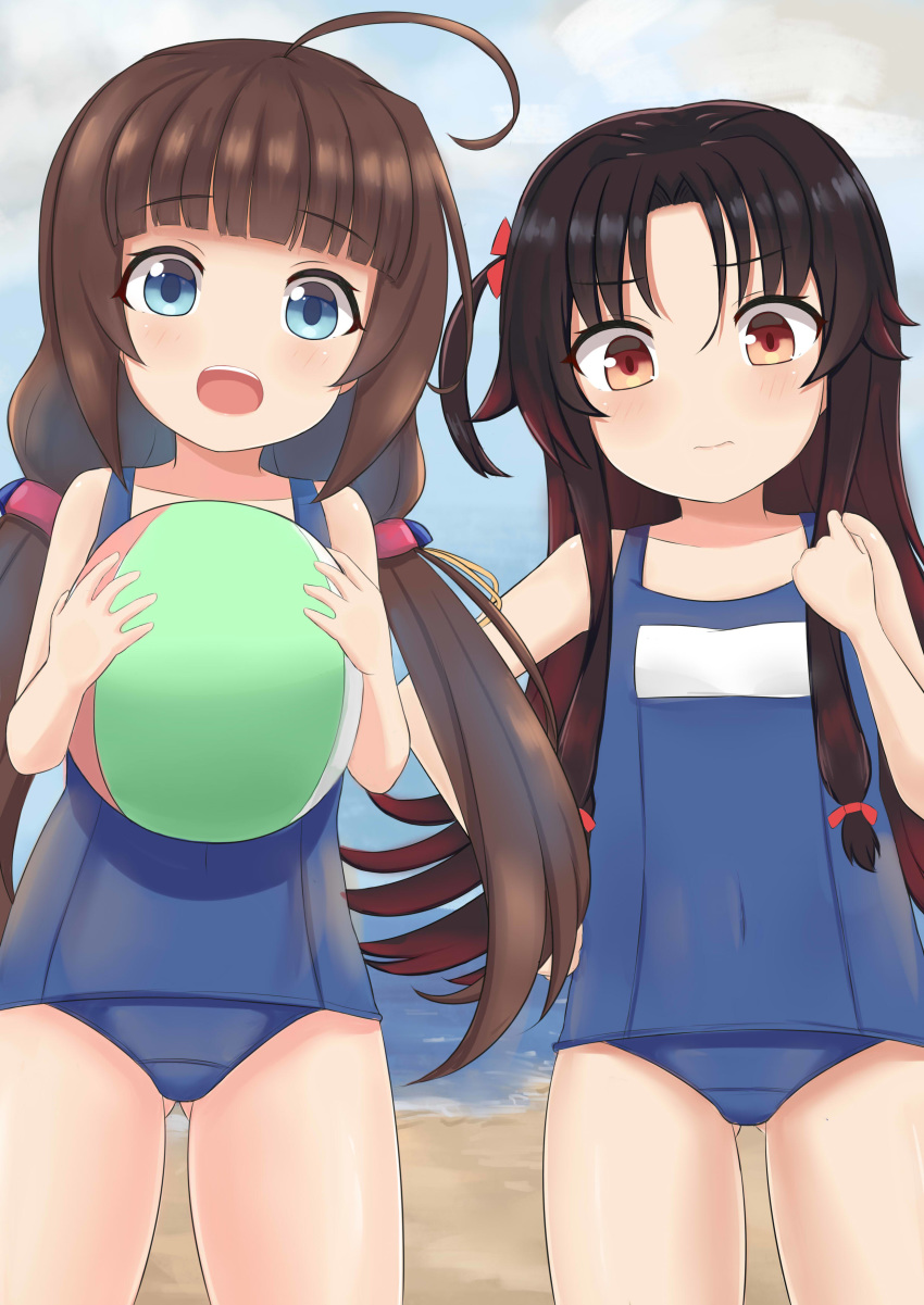 :d absurdres ahoge ass_visible_through_thighs ball bangs bare_arms bare_shoulders beach beachball black_hair blue_eyes blue_swimsuit blunt_bangs blush brown_hair closed_mouth collarbone commentary_request covered_navel hair_between_eyes hair_ribbon hand_up hands_up hank_(spider921) highres hinatsuru_ai holding holding_ball long_hair low_twintails multiple_girls ocean old_school_swimsuit one-piece_swimsuit open_mouth red_eyes red_ribbon ribbon ryuuou_no_oshigoto! sand school_swimsuit sidelocks smile swimsuit twintails upper_teeth very_long_hair water yashajin_ai