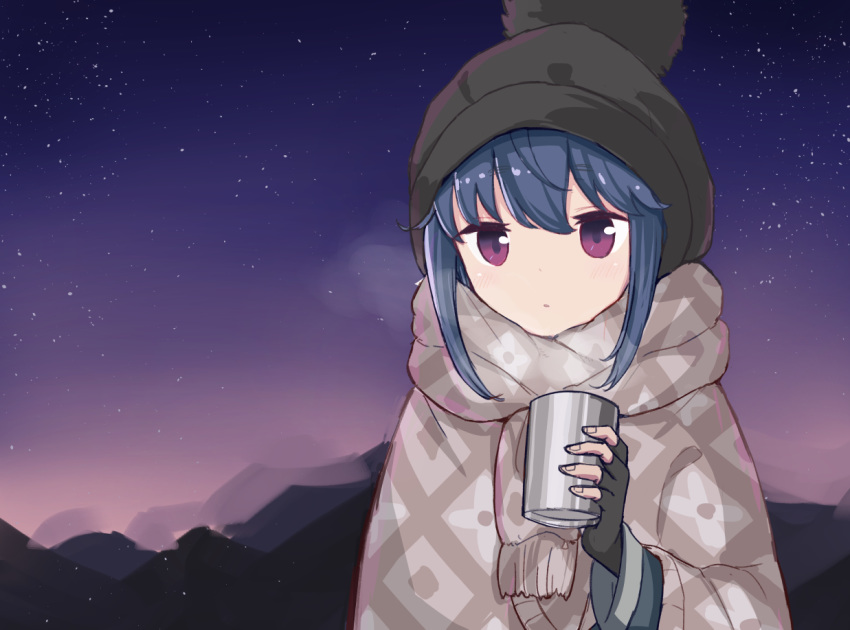 bad_id bad_pixiv_id beanie blue_hair commentary_request coraman cup fingerless_gloves gloves hat long_sleeves mug night night_sky outdoors purple_eyes scarf shima_rin sky solo star_(sky) starry_sky yurucamp