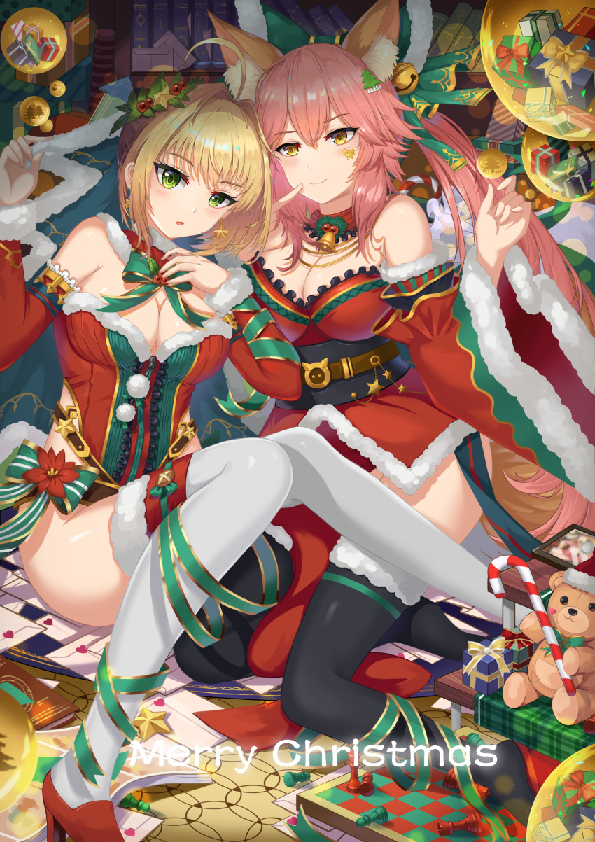 absurdres animal_ears bell black_legwear blonde_hair blush bow breasts candy candy_cane chess_piece chessboard christmas cleavage closed_mouth envelope eyebrows_visible_through_hair fate/extra fate/grand_order fate_(series) food fox_ears fox_tail gift green_bow green_eyes green_ribbon hair_ornament hat heart high_heels highres hongse_beiyu large_breasts long_hair looking_at_another looking_at_viewer multiple_girls nero_claudius_(bride)_(fate) nero_claudius_(fate)_(all) parted_lips pink_hair red_sleeves ribbon santa_costume santa_hat short_hair sitting smile star stuffed_animal stuffed_toy tail tamamo_(fate)_(all) tamamo_no_mae_(fate) teddy_bear thighhighs white_legwear yellow_eyes