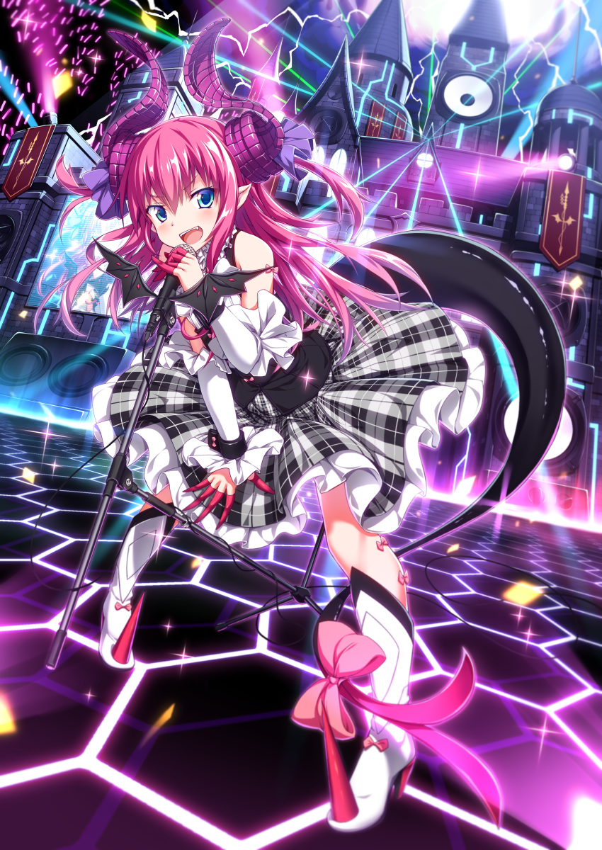 :d absurdres bangs banner bare_shoulders bat_wings black_skirt blue_eyes blush boots bow castle commentary_request corset curled_horns detached_sleeves dragon_girl dragon_horns dragon_tail elizabeth_bathory_(fate) elizabeth_bathory_(fate)_(all) eyebrows_visible_through_hair fang fate/grand_order fate_(series) floating_hair full_body glowing glowstick hair_between_eyes high_heel_boots high_heels highres holding holding_microphone horns knee_boots leaning_forward legs_apart light lightning long_hair looking_at_viewer microphone microphone_stand monitor motion_blur open_mouth pink_bow pink_hair plaid plaid_skirt pointy_ears shiny shiny_hair shirt shoe_bow shoes sidelocks skirt sleeveless sleeveless_shirt smile solo sparkle speaker spotlight stage standing tail tail_bow two_side_up ugume v-shaped_eyebrows white_footwear white_shirt wings