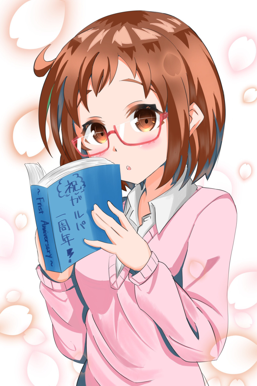 :o ahoge anniversary bad_id bad_pixiv_id bang_dream! bespectacled blush book brown_eyes brown_hair cowboy_shot floral_background glasses gradient gradient_background hazawa_tsugumi highres holding holding_book long_sleeves looking_at_viewer open_book petals pink_sweater red-framed_eyewear semi-rimless_eyewear shirt short_hair solo sweater tsugumochi under-rim_eyewear white_shirt wing_collar