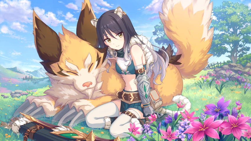 animal animal_ears arrow bare_shoulders bow cygames earrings flower jewelry kashiwazaki_shiori midriff official_art princess_connect! quill sitting tail thighhighs tiger_ears