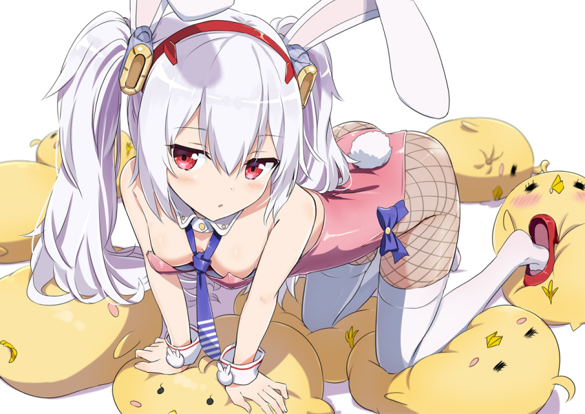 :o all_fours animal_ears azur_lane bangs bare_arms bare_shoulders blue_bow blush bow breasts bunny_ears bunnysuit commentary_request detached_collar eyebrows_visible_through_hair fake_animal_ears fingernails fishnet_pantyhose fishnets gochou_(atemonai_heya) hair_between_eyes hair_ornament hairband high_heels laffey_(azur_lane) leotard long_hair looking_at_viewer necktie pantyhose parted_lips pink_leotard purple_neckwear red_eyes red_footwear red_hairband silver_hair small_breasts solo strapless strapless_leotard stuffed_animal stuffed_bird stuffed_toy thighhighs thighhighs_over_pantyhose twintails very_long_hair white_background white_collar white_legwear wrist_cuffs