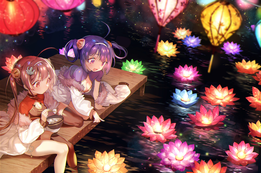 2girls azur_lane breasts chinese_clothes chinese_dress cleavage flowers food long_hair ning_hai_(azur_lane) ping_hai_(azur_lane) pink_eyes pink_hair purple_eyes purple_hair thighhighs twins twintails water zuizi