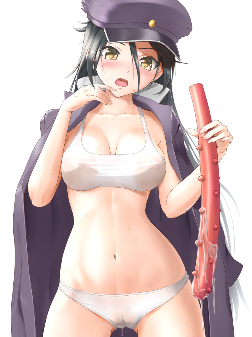 black_hair blush bra breasts cameltoe coat comugico covered_nipples cowboy_shot dildo hair_between_eyes hat highres huge_dildo jacket_on_shoulders large_breasts long_hair love_live! love_live!_school_idol_festival navel nose_blush open_clothes open_coat open_mouth panties peaked_cap pussy_juice see-through shiga_hitomi simple_background solo stomach underwear very_long_hair wet wet_clothes white_background white_bra white_panties yellow_eyes