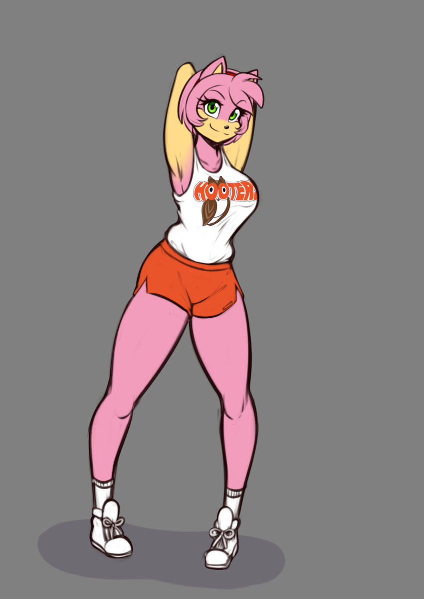 2017 amy_rose anthro anthrofied arms_above_head clothed clothing eyelashes female front_view green_eyes hands_behind_head hedgehog hooters invalid_tag looking_at_viewer mammal pigeon_toed scorpdk simple_background solo sonic_(series)