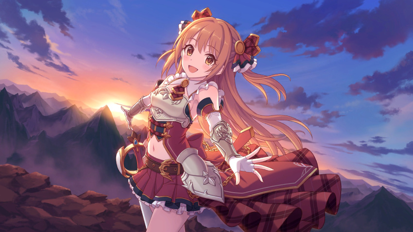 bow brown_hair cygames hair_bow long_hair midriff miniskirt official_art orange_eyes princess_connect! sakurai_nozomi_(princess_connect) skirt