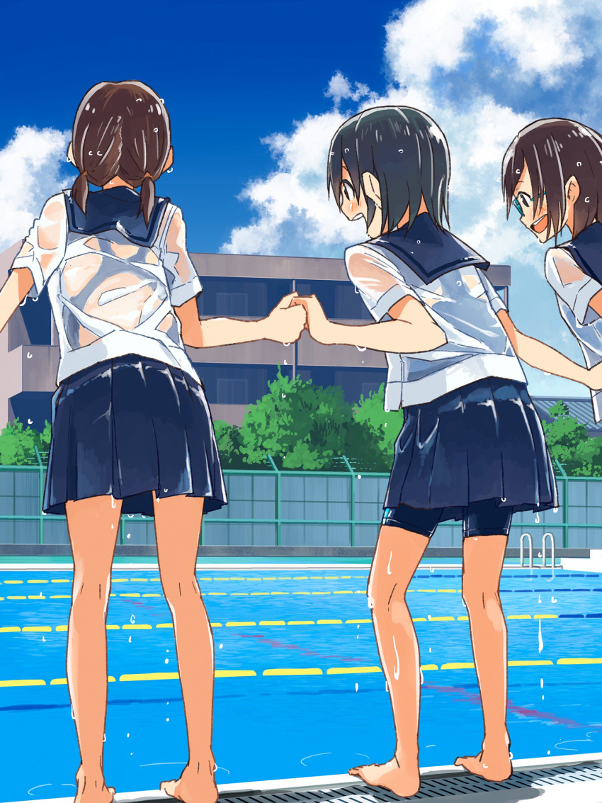 :d back_cutout bare_legs barefoot black_hair blue-framed_eyewear blue_sailor_collar blue_skirt blue_sky blush brown_hair building cloud copyright_request day dripping from_behind glasses highres holding_hands kusakabe_(kusakabeworks) lane_line multiple_girls open_mouth pleated_skirt pool pool_ladder poolside profile round_teeth sailor_collar school see-through shiny shiny_skin shirt short_hair short_sleeves short_twintails skirt sky smile standing swimsuit swimsuit_under_clothes teeth twintails water water_drop wet wet_clothes wet_shirt white_shirt