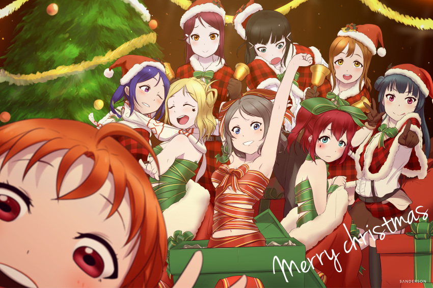 :d absurdres ahoge aqua_eyes arm_up armpits bangs bell black_hair black_legwear blonde_hair blue_eyes blue_hair blunt_bangs blush bow box braid brown_hair capelet christmas christmas_tree closed_eyes closed_mouth commentary crown_braid embarrassed english_commentary fur_trim garland_(decoration) garter_straps gift gift_box green_bow grey_hair grin hair_bow hair_rings hat highres hug kotori_photobomb kunikida_hanamaru kurosawa_dia kurosawa_ruby long_hair looking_at_viewer love_live! love_live!_sunshine!! matsuura_kanan miniskirt mole mole_under_mouth multiple_girls naked_ribbon navel ohara_mari one_eye_closed open_mouth orange_bow orange_eyes orange_hair pink_eyes plaid_capelet ponytail purple_eyes purple_hair red_hair ribbon sakurauchi_riko sanderson santa_hat scarf self_shot shared_scarf short_hair side_bun skirt smile star takami_chika thighhighs tsushima_yoshiko watanabe_you yellow_eyes