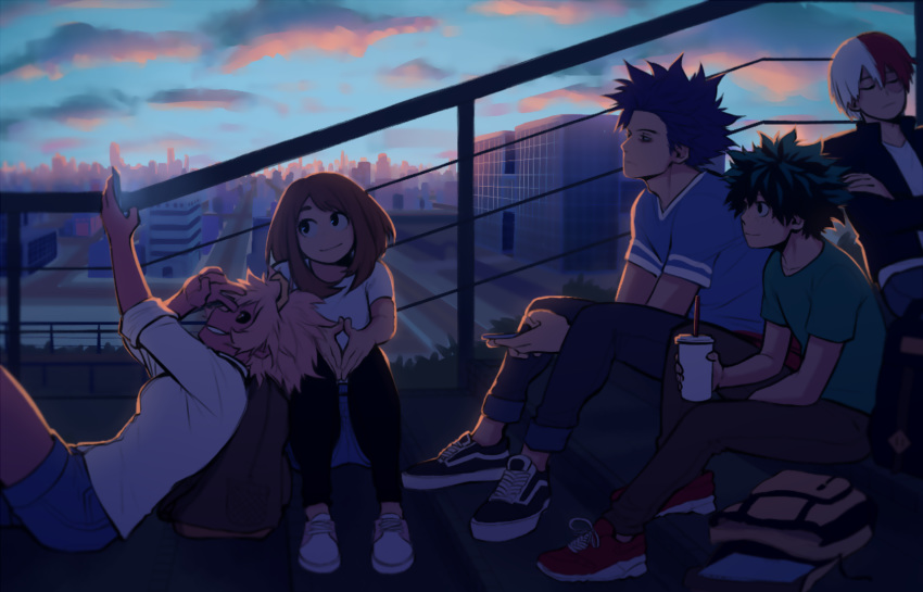 3boys adam's_apple arm_up ashido_mina backlighting backpack bag bare_arms black_hair blue_shirt blue_sky boku_no_hero_academia burn_scar cellphone closed_eyes commentary crossed_arms cup drinking_straw friends green_shirt half-closed_eyes hand_up hands_together highres holding holding_cup holding_phone horns jacket keiid leaning_back long_sleeves looking_at_another medium_hair messy_hair midoriya_izuku morning multicolored_hair multiple_boys multiple_girls no_nose open_clothes open_jacket outdoors pants parted_lips phone pink_hair purple_skin railing red_hair scar shinsou_hitoshi shirt shoes short_hair shorts sitting sky sleeves_rolled_up smartphone smile sunrise t-shirt todoroki_shouto two-tone_hair uraraka_ochako v white_hair white_shirt