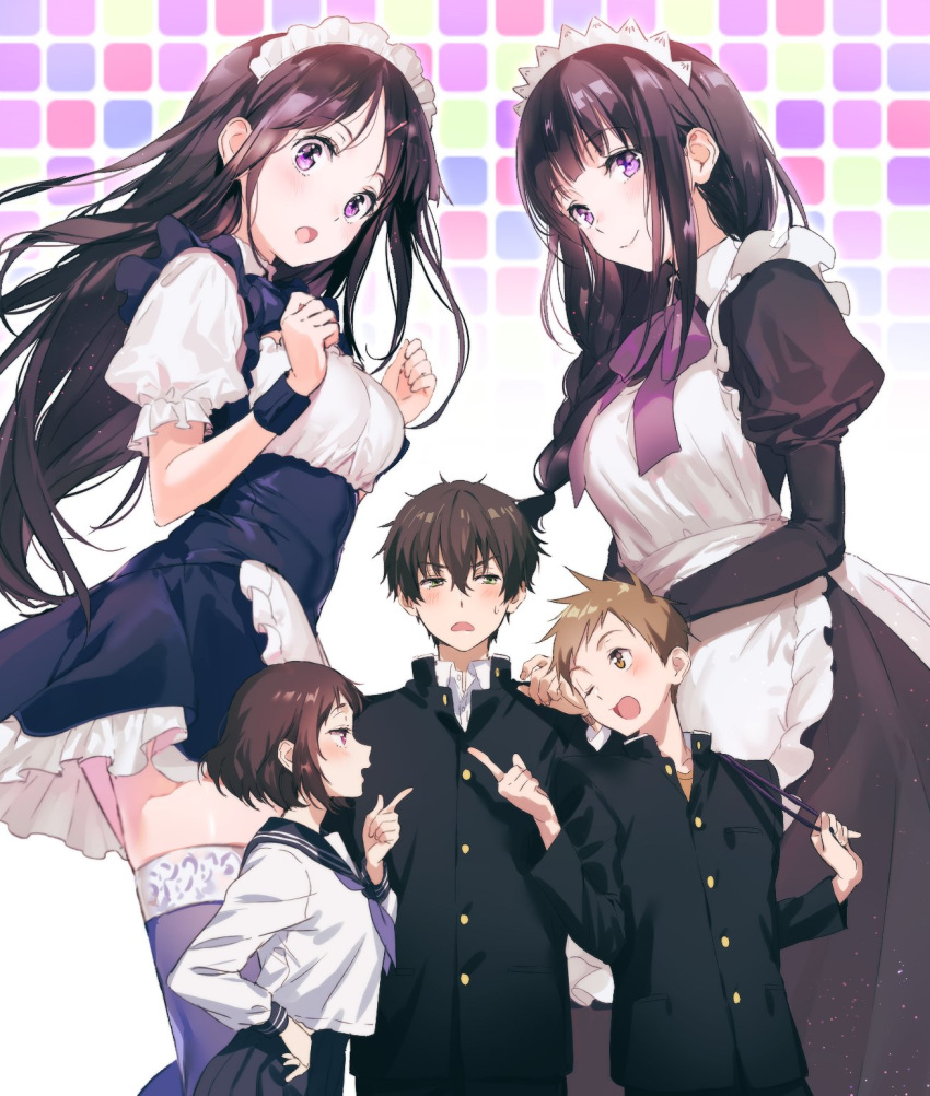 3girls apron black_dress black_hair black_legwear black_sailor_collar brown_eyes brown_hair chitanda_eru commentary dress dual_persona frilled_apron frills fukube_satoshi gakuran green_eyes highres hyouka ibara_mayaka long_hair maid maid_headdress mery_(apfl0515) multiple_boys multiple_girls oreki_houtarou purple_eyes red_eyes sailor_collar sandwiched school_uniform serafuku short_hair thighhighs white_apron