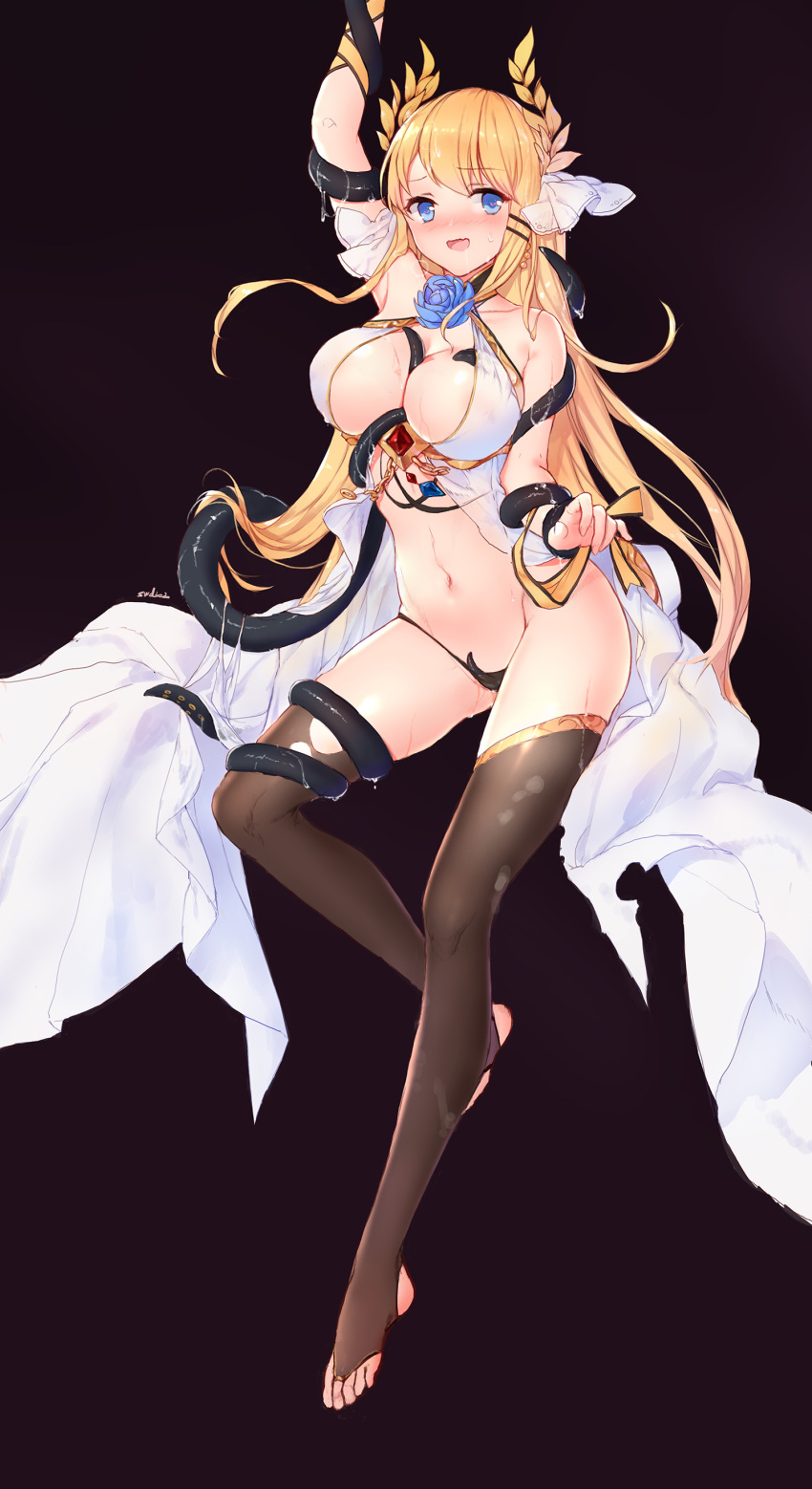 :d absurdres arm_up artist_name azur_lane bangs bare_shoulders barefoot between_breasts black_background black_legwear black_panties blue_eyes blue_flower blue_rose blush breasts bridal_legwear cleavage collarbone drooling eyebrows_visible_through_hair flower full_body gem hair_ornament hair_ribbon heart heart-shaped_pupils highres large_breasts leg_up long_hair looking_at_viewer navel nose_blush open_mouth panties revealing_clothes ribbon rose shiny shiny_skin simple_background smile solo stirrup_legwear stomach swd3e2 sweat swept_bangs symbol-shaped_pupils tentacles thigh_grab thighhighs toeless_legwear torn_clothes torn_legwear underwear very_long_hair victorious_(azur_lane) wavy_mouth white_ribbon