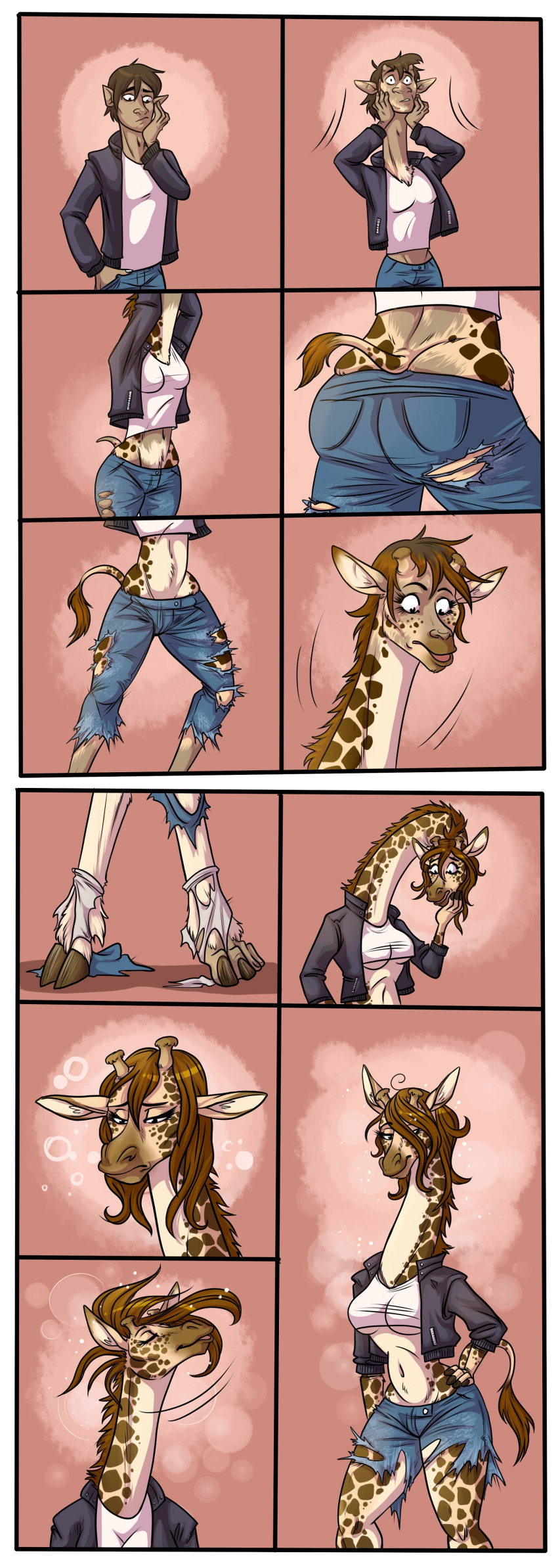 breast_expansion breasts brown_hair bubbeh butt clothing elf female gender_transformation giraffe hair hooves horn humanoid jacket long_neck male mammal mtf_transformation shorts solo torn_clothing transformation wide_hips