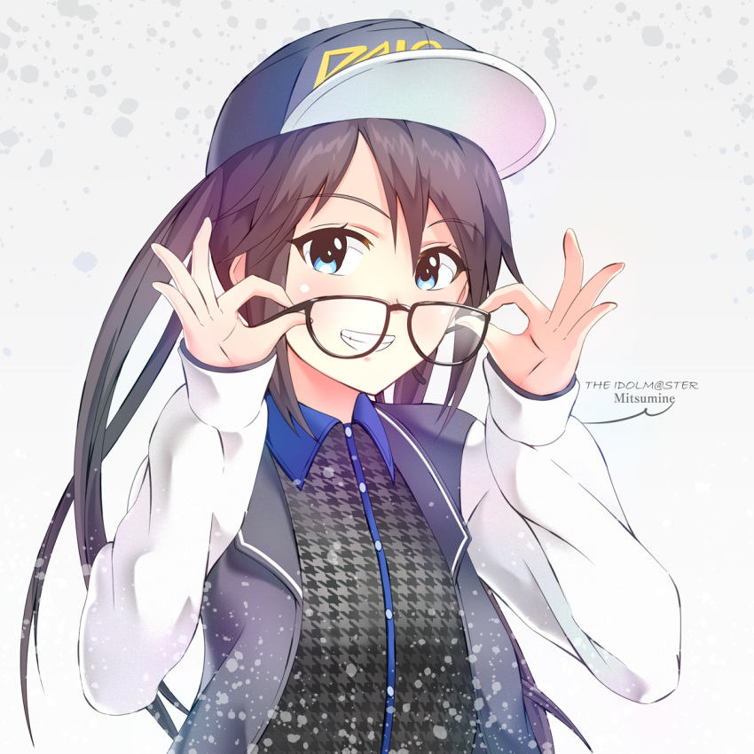 baseball_cap black_hair blue_eyes blush commentary eyebrows_visible_through_hair glasses grin hat highres idolmaster idolmaster_shiny_colors jacket long_hair long_sleeves looking_at_viewer mitsumine_yuika ns.x removing_eyewear smile solo teeth twintails