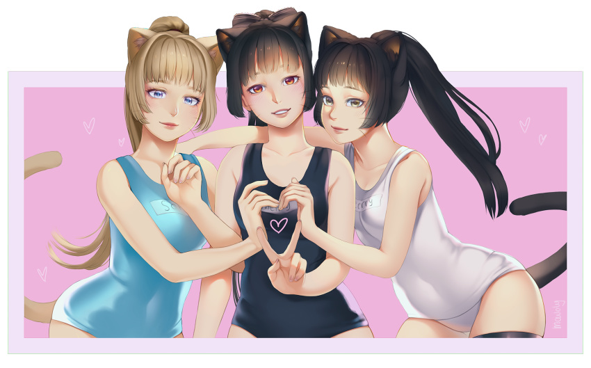 animal_ears black_hair black_legwear blue_swimsuit brown_hair cat_ears cat_tail elin_(tera) heart heart_hands heart_hands_trio highres leaning_forward lips long_hair mavoly multiple_girls one-piece_swimsuit pink_background ponytail school_swimsuit simple_background smile swimsuit tail tera_online thighhighs v whiskers white_school_swimsuit white_swimsuit