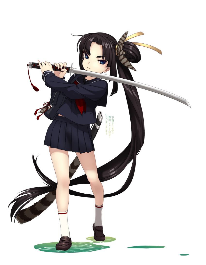 black_hair blue_eyes fate/grand_order fate_(series) full_body highres holding holding_sword holding_weapon katana loafers long_hair looking_at_viewer pleated_skirt school_uniform serafuku sheath shimomoto shoes side_ponytail skirt socks solo sword ushiwakamaru_(fate/grand_order) very_long_hair weapon white_legwear