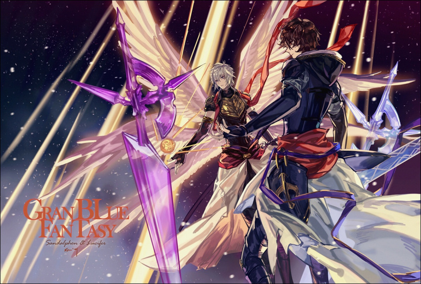 armor brown_hair dith_ytk elbow_gloves fingerless_gloves gloves granblue_fantasy lucifer_(shingeki_no_bahamut) male_focus multiple_boys multiple_wings red_eyes sandalphon_(granblue_fantasy) seraph short_hair sword title weapon white_hair wings