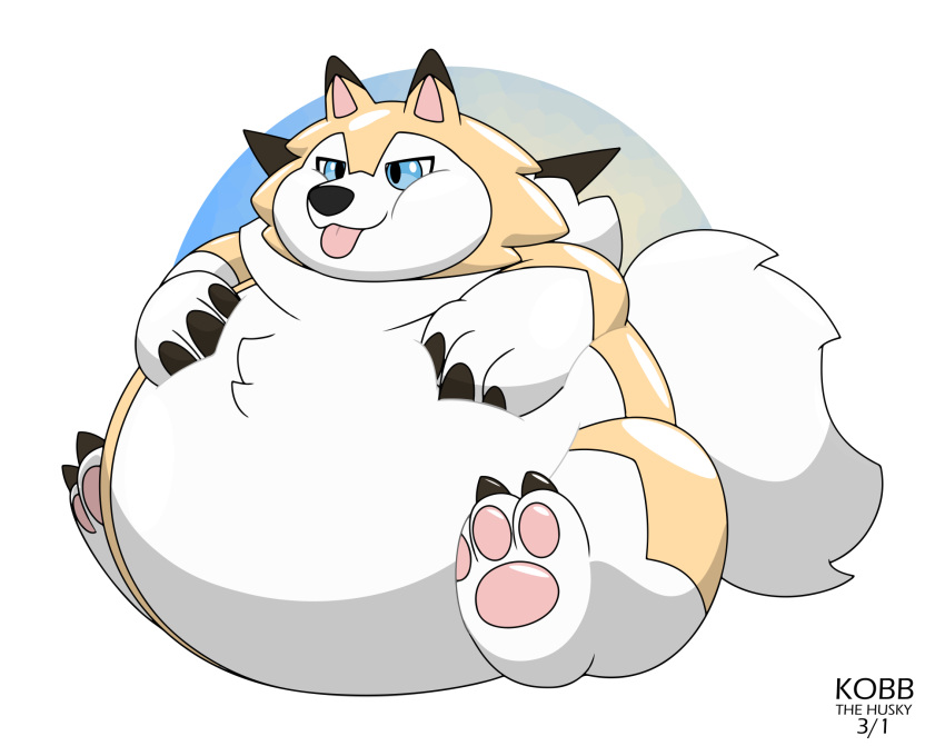 2018 ambiguous_gender belly big_belly black_nose blep blue_eyes canine chubby_cheeks claws cute feral fluffy fluffy_tail fur hi_res hyper hyper_belly kobbthehusky lycanroc mammal midday_lycanroc nintendo obese overweight pawpads paws pink_pawpads pok&eacute;mon pok&eacute;mon_(species) simple_background sitting soft solo tan_fur toe_claws tongue tongue_out video_games white_fur