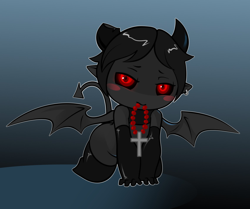 all_fours ambiguous_gender azazel_(tboi) black_hair blush clothing cross cute demon girly glowing glowing_eyes hair horn jewelry looking_at_viewer male mammal membranous_wings necklace not_furry red_eyes simple_background solo the_binding_of_isaac the_binding_of_isaac_rebirth wings