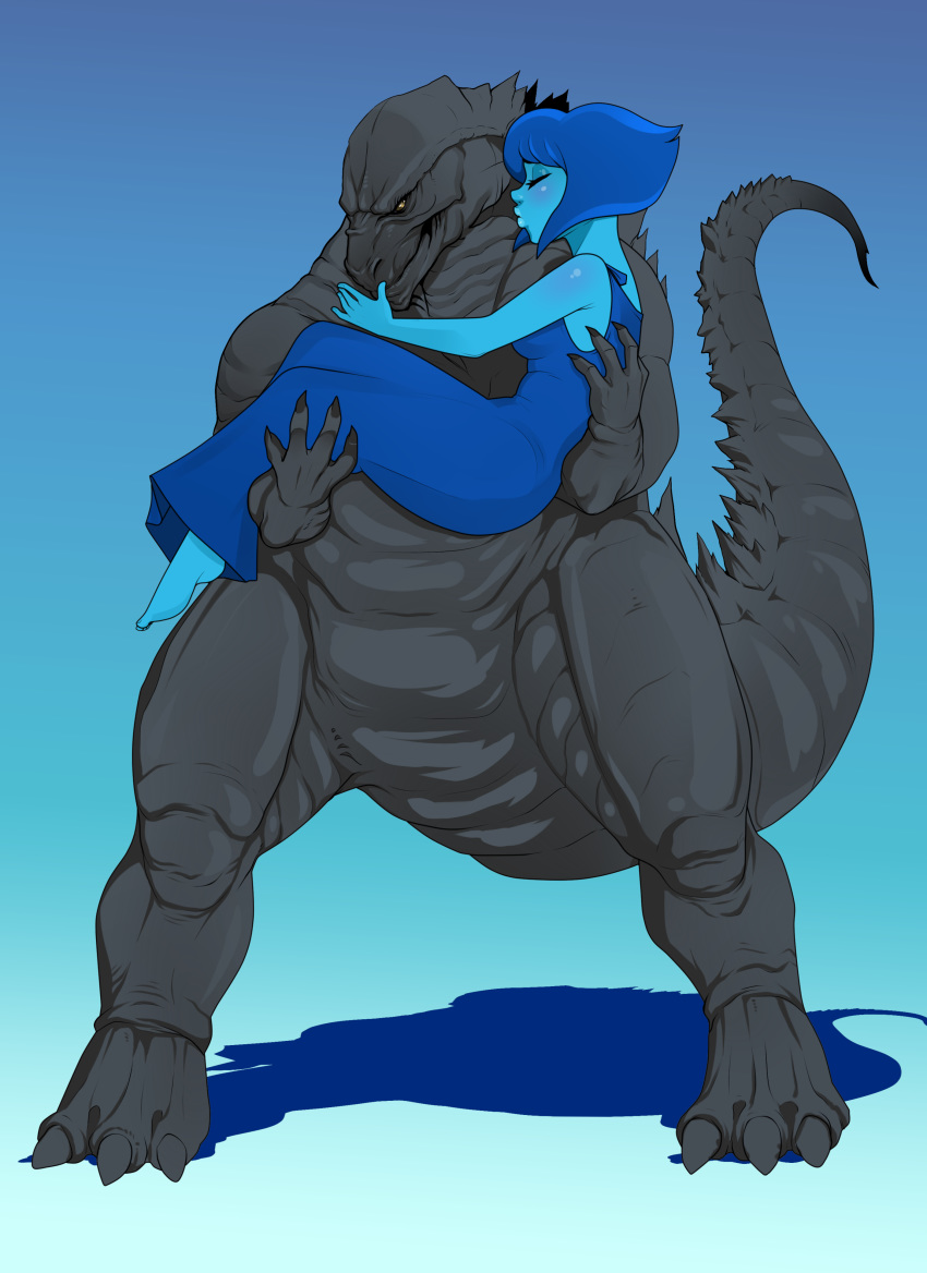 alien black_skin blue_hair blue_skin breasts bridal_carry cartoon_network claws clothing cute dinosaur dorsal_fins dress duo eyes_closed feet female gem_(species) godzilla godzilla_(2014) godzilla_(series) hair humanoid interspecies kaiju lapis_lazuli_(steven_universe) larger_male lizard love male male/female monster muscular neck_kiss reptile rodjim scalie sharp_claws short_hair size_difference smile spikes steven_universe yellow_eyes