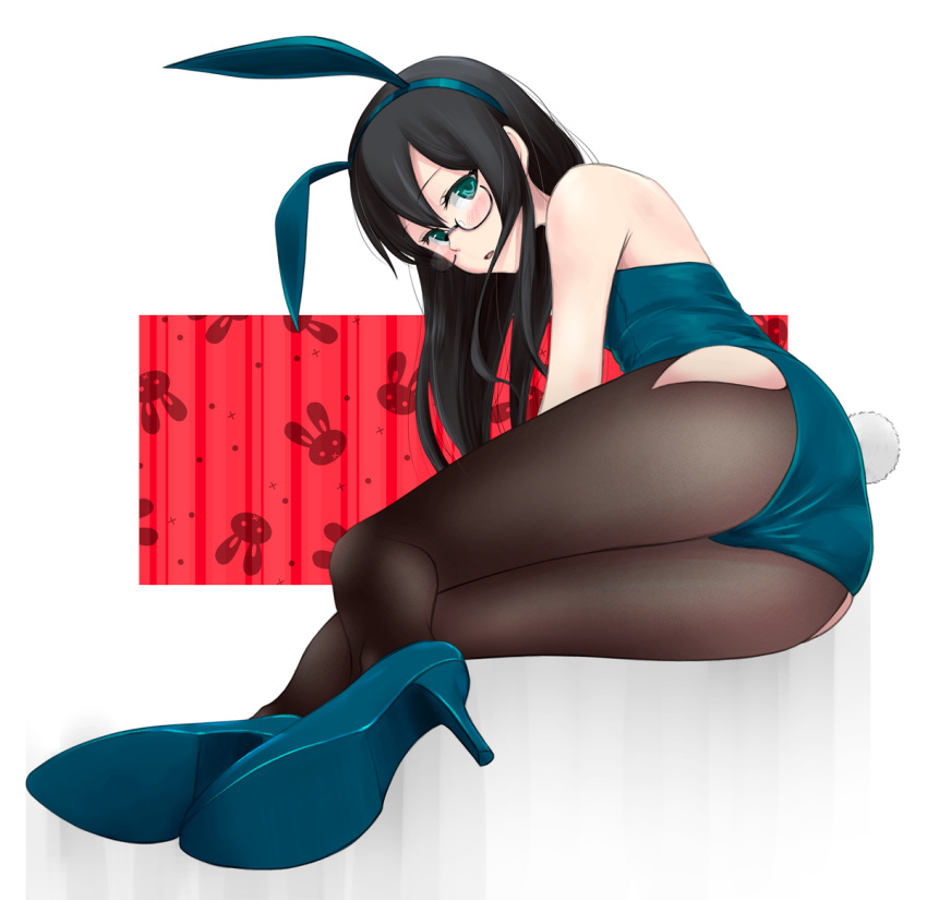 alternate_costume animal_ears ass bare_shoulders black-framed_eyewear black_hair black_legwear blue_eyes blue_leotard breasts bunny_ears bunny_girl bunny_tail bunnysuit fake_animal_ears glasses high_heels hip_vent kantai_collection leotard long_hair looking_at_viewer lost_july ooyodo_(kantai_collection) open_mouth pantyhose semi-rimless_eyewear sitting small_breasts solo strapless strapless_leotard tail