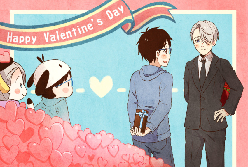 animal_ears animal_hat black_hair blue-framed_eyewear blue_eyes blush brown_eyes cosplay dog_ears dog_hat dog_tail dual_persona formal gift glasses hair_over_one_eye happy_valentine hat heart hood hoodie katsuki_yuuri male_focus miniboy multiple_boys necktie open_mouth pochacco pochacco_(cosplay) pompompurin pompompurin_(cosplay) sanrio silver_hair smile suit tail twc_(p-towaco) valentine viktor_nikiforov yaoi yuri!!!_on_ice