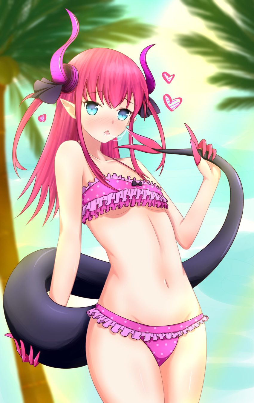 absurdres bangs bare_arms bare_shoulders bikini black_bow black_ribbon blue_eyes blue_sky blurry blurry_background blush bow breasts collarbone commentary cowboy_shot curled_horns day depth_of_field dragon_girl dragon_horns dragon_tail elizabeth_bathory_(fate) elizabeth_bathory_(fate)_(all) eyebrows_visible_through_hair fate/extra fate/extra_ccc fate_(series) frilled_bikini frills hair_ribbon heart highres holding_own_tail horns long_hair looking_at_viewer navel nose_blush outdoors palm_tree parted_lips pink_bikini pink_hair pointy_ears polka_dot polka_dot_bikini ribbon saliva saliva_trail sidelocks sky small_breasts solo strapless strapless_bikini swimsuit tail tongue tongue_out tree two_side_up underboob yuujoduelist
