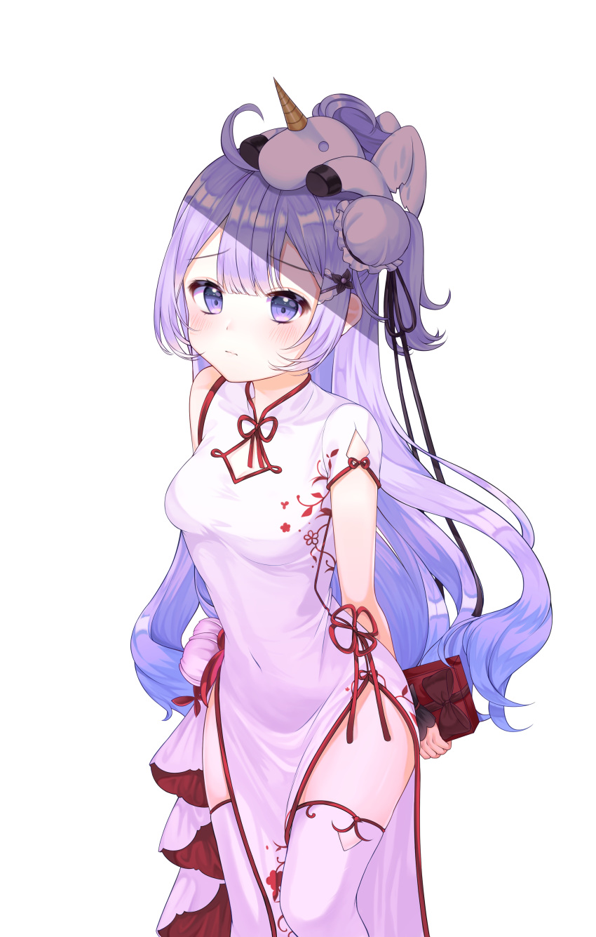 absurdres ahoge asymmetrical_sleeves azur_lane bangs black_ribbon blush box breasts bun_cover china_dress chinese_clothes closed_mouth commentary_request dress eyebrows_visible_through_hair gift gift_box hair_bun highres holding holding_gift long_hair looking_at_viewer medium_breasts on_head pelvic_curtain purple_eyes purple_hair reel37891 ribbon short_sleeves side_bun sidelocks simple_background single_sleeve solo standing stuffed_alicorn stuffed_animal stuffed_toy thighhighs unicorn_(azur_lane) very_long_hair white_background white_dress white_legwear