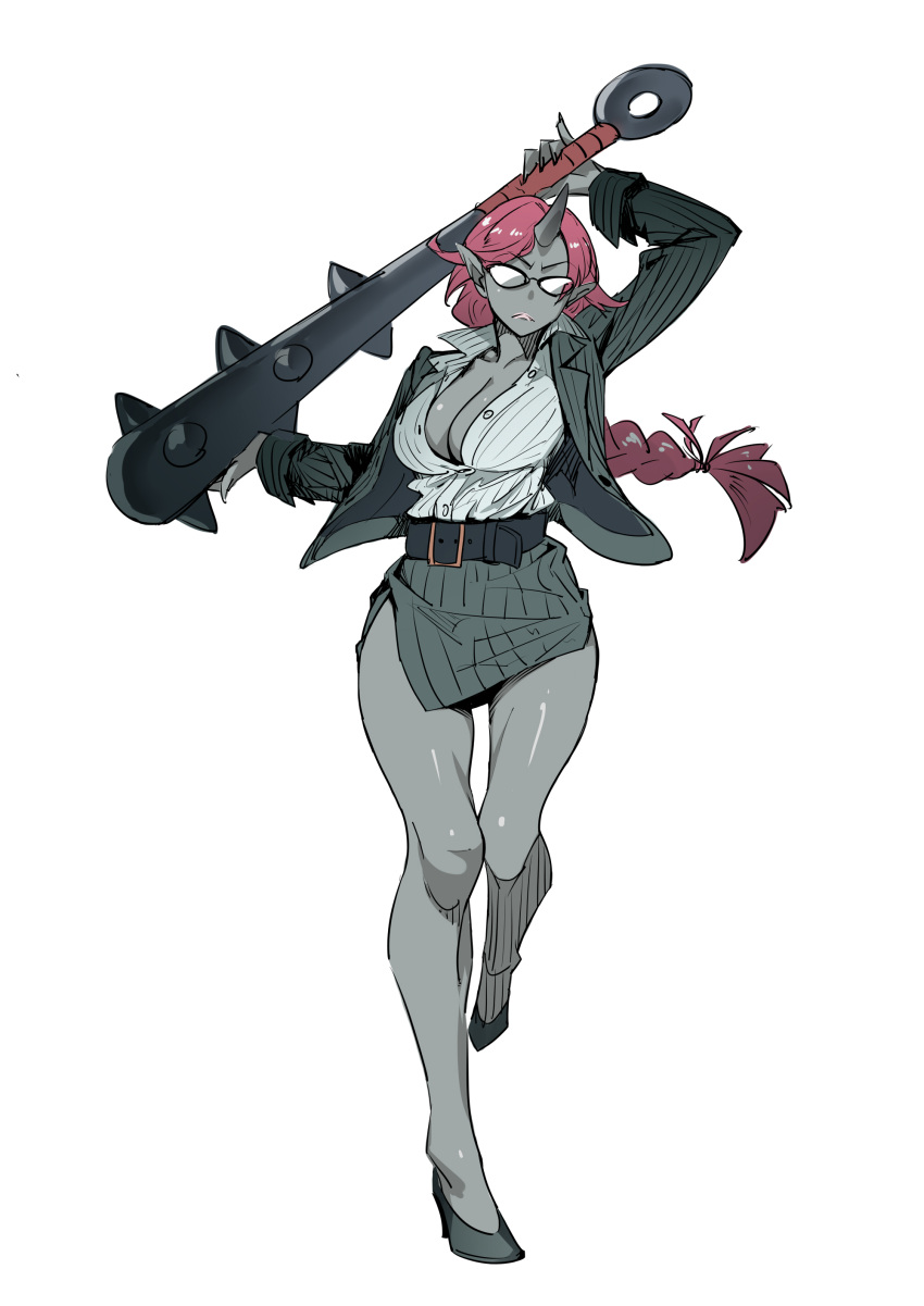 absurdres belt braid breasts cleavage club commentary eyebrows_visible_through_hair fang formal glasses grey_skin high_heels highres horn kanabou large_breasts long_braid long_hair miniskirt office_lady oni open_clothes original pencil_skirt pointy_ears red_hair single_braid skirt skirt_suit solo spiked_club suit teacher twinpoo weapon